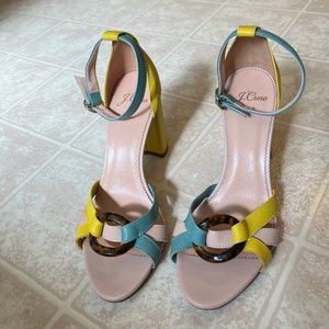 J. Crew Rounded Block Heels Ankle Strap yellow & teal tortoise buckle - like new
